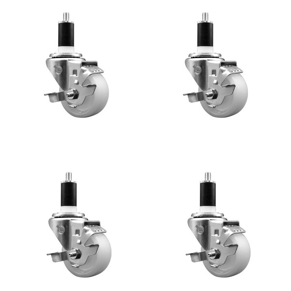 3'' Nylon Swivel 1-3/8'' Expanding Stem Caster Set with Brake, 4PK